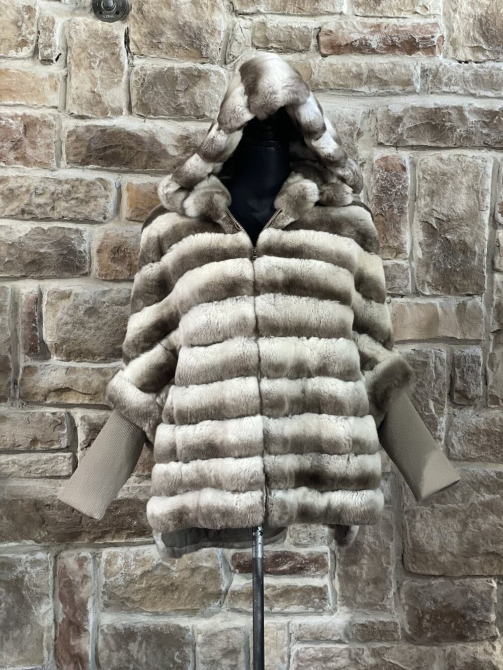 Real Chinchilla Rex Rabbit Fur Coat with Hood size Large